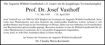 Anzeige von Prof. Dr. Josef Vasthoff 