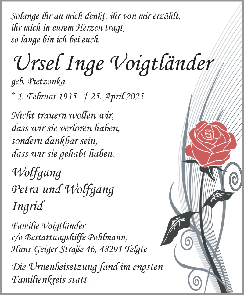  Traueranzeige für Ursel Inge Voigtländer vom 10.05.2025 aus 