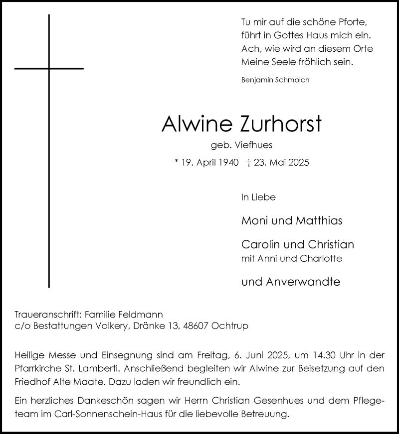  Traueranzeige für Alwine Zurhorst vom 28.05.2025 aus 