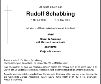 Anzeige von Rudolf Schabbing 