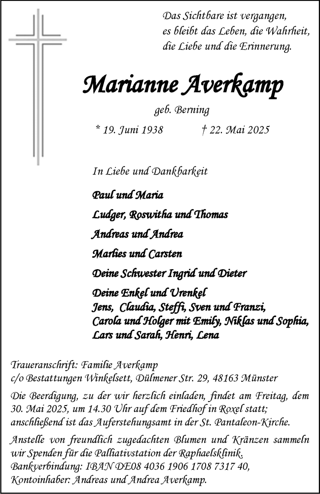  Traueranzeige für Marianne Averkamp vom 28.05.2025 aus 