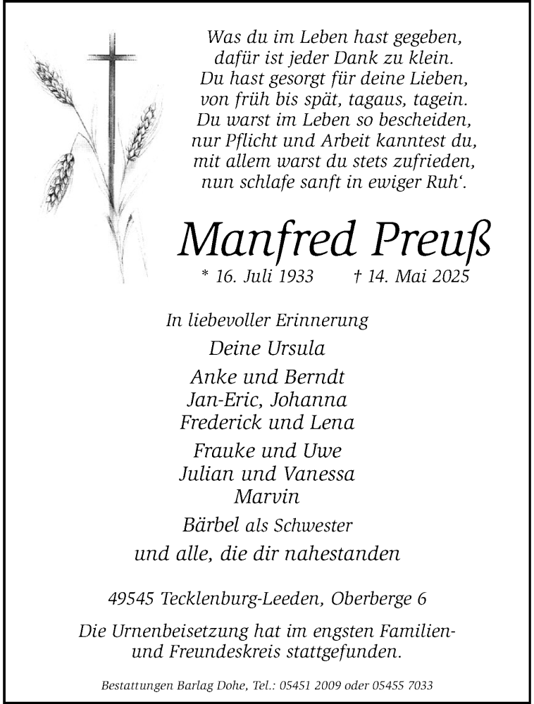  Traueranzeige für Manfred Preuß vom 24.05.2025 aus 