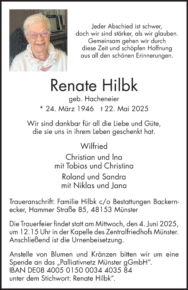  Traueranzeige für Renate Hilbk vom 31.05.2025 aus 
