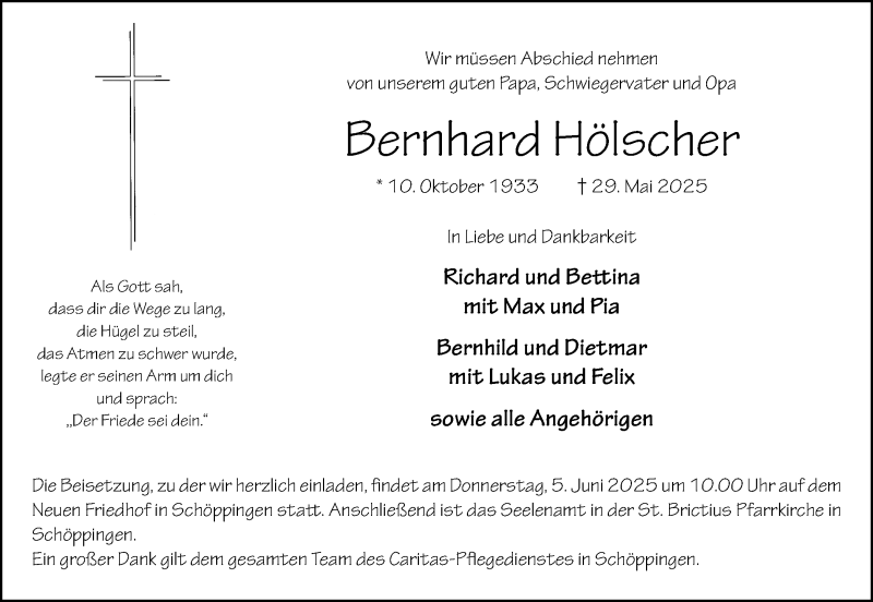  Traueranzeige für Bernhard Hölscher vom 31.05.2025 aus 