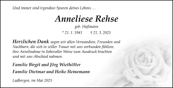 Anzeige von Anneliese Rehse 