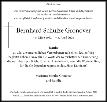 Anzeige von Bernhard Schulze Gronover 