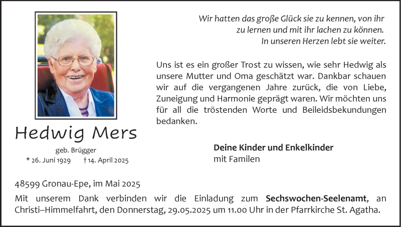  Traueranzeige für Hedwig Mers vom 24.05.2025 aus 