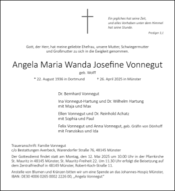Anzeige von Angela Maria Wanda Josefine Vonnegut 