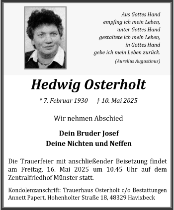 Anzeige von Hedwig Osterholt 