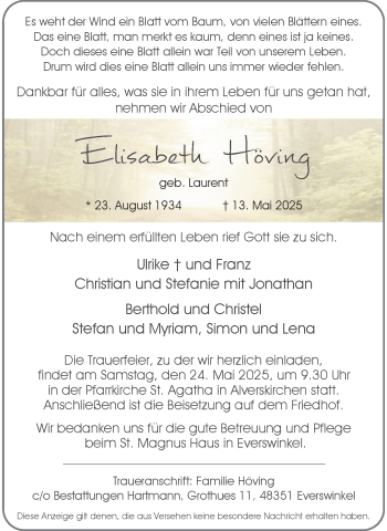 Anzeige von Elisabeth Höving 