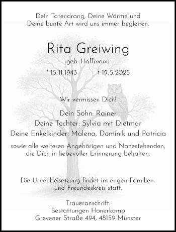 Anzeige von Rita Greiwing 