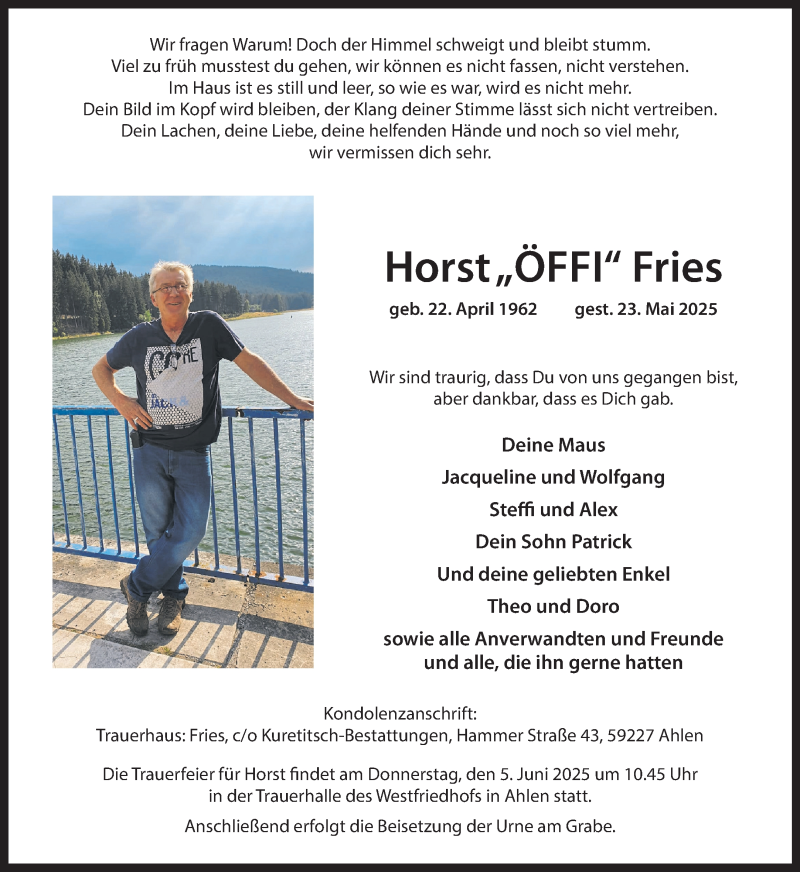 Traueranzeige für Horst Fries vom 31.05.2025 aus 