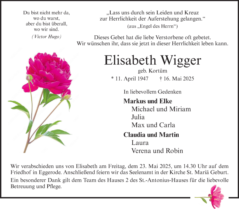  Traueranzeige für Elisabeth Wigger vom 21.05.2025 aus 