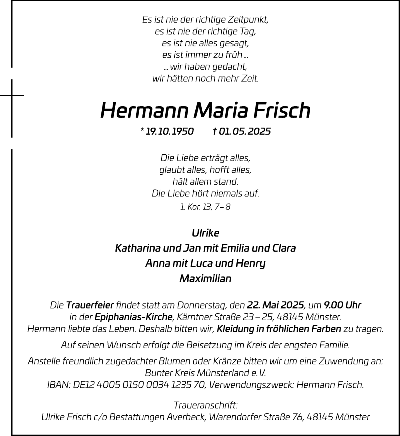  Traueranzeige für Hermann Maria Frisch vom 10.05.2025 aus 