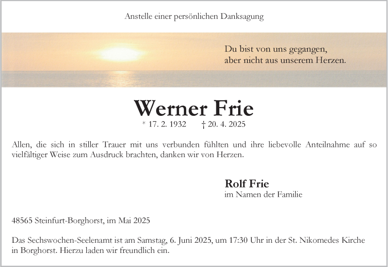  Traueranzeige für Werner Frie vom 31.05.2025 aus 