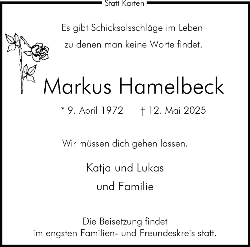  Traueranzeige für Markus Hamelbeck vom 31.05.2025 aus 