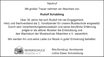 Anzeige von Rudolf Schabbing 