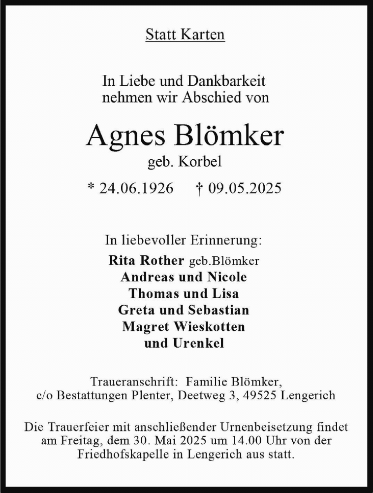  Traueranzeige für Agnes Blömker vom 17.05.2025 aus 
