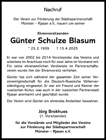 Anzeige von Günter Schulze Blasum 