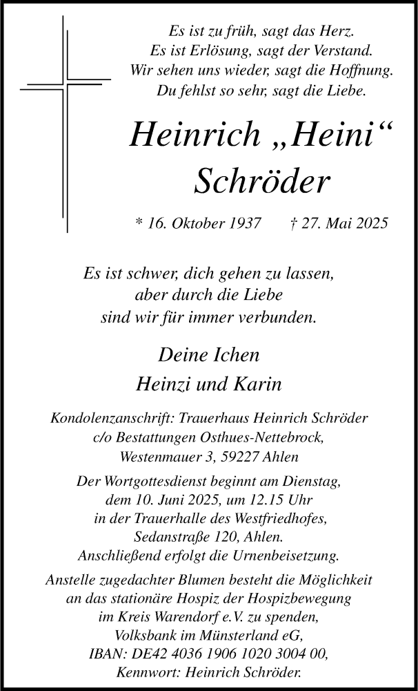  Traueranzeige für Heinrich Schröder vom 31.05.2025 aus 