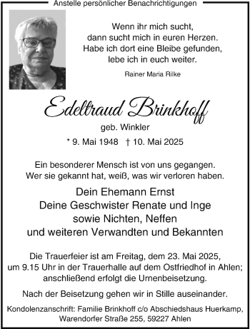 Anzeige von Edeltraud Brinkhoff 