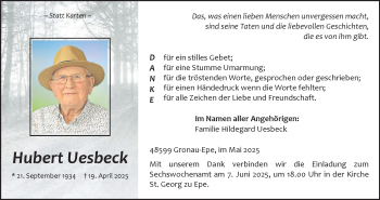 Anzeige von Hubert Uesbeck 