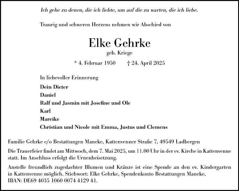  Traueranzeige für Elke Gehrke vom 03.05.2025 aus 