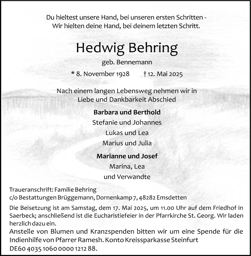  Traueranzeige für Hedwig Behring vom 15.05.2025 aus 