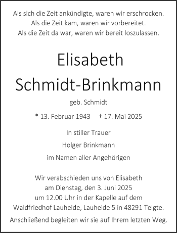 Anzeige von Elisabeth Schmidt-Brinkmann 