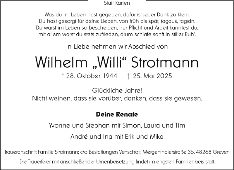  Traueranzeige für Wilhelm Strotmann vom 31.05.2025 aus 