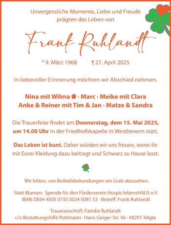 Anzeige von Frank Ruhlandt 