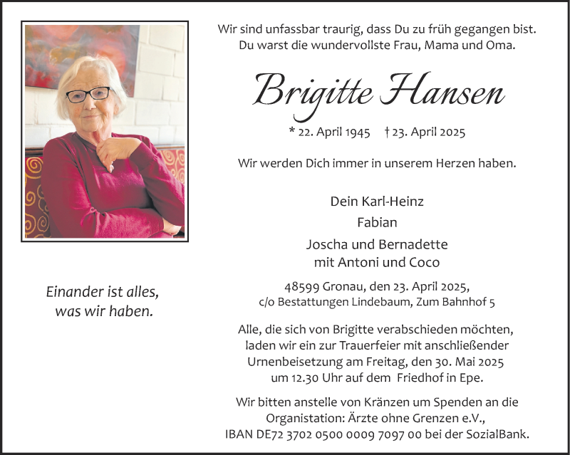  Traueranzeige für Brigitte Hansen vom 03.05.2025 aus 