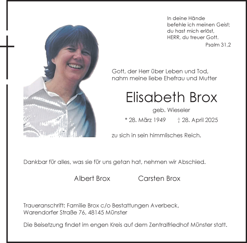  Traueranzeige für Elisabeth Brox vom 03.05.2025 aus 