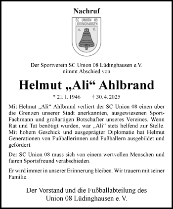 Anzeige von Ali Helmut Ahlbrand 