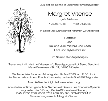 Anzeige von Margret Vitense 