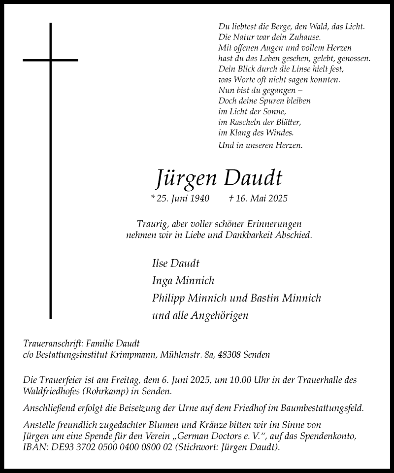  Traueranzeige für Jürgen Daudt vom 31.05.2025 aus 