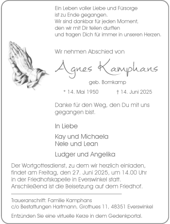 Anzeige von Agnes Kamhans 