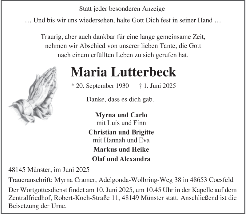  Traueranzeige für Maria Lutterbeck vom 06.06.2025 aus 