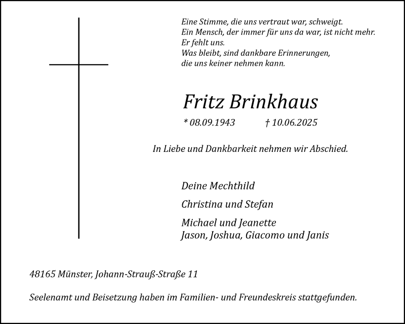  Traueranzeige für Fritz Brinkhaus vom 21.06.2025 aus 