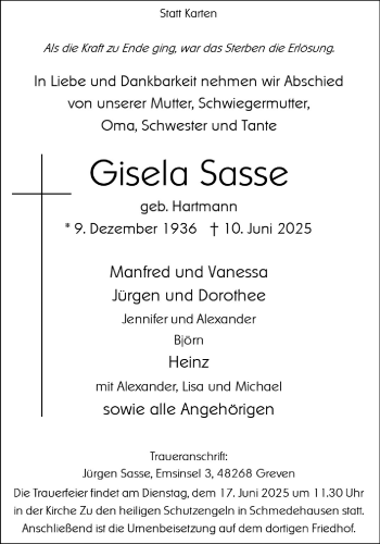 Anzeige von Gisela Sasse 