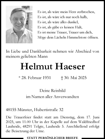 Anzeige von Helmut Haeser 