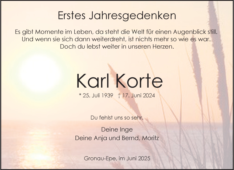  Traueranzeige für Karl Korte vom 21.06.2025 aus 