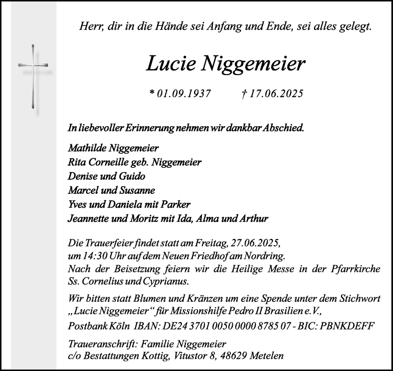  Traueranzeige für Lucie Niggemeier vom 21.06.2025 aus 