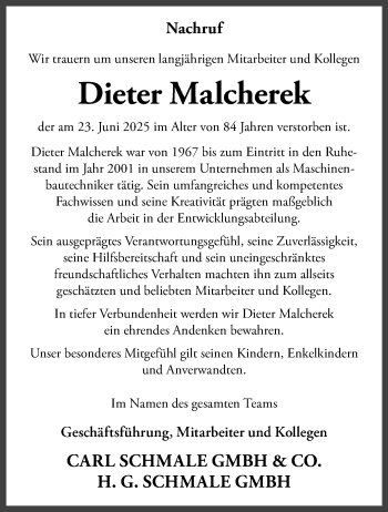 Anzeige von Dieter Malcherek 
