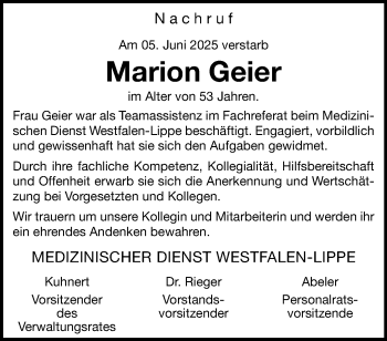 Anzeige von Marion Geier 