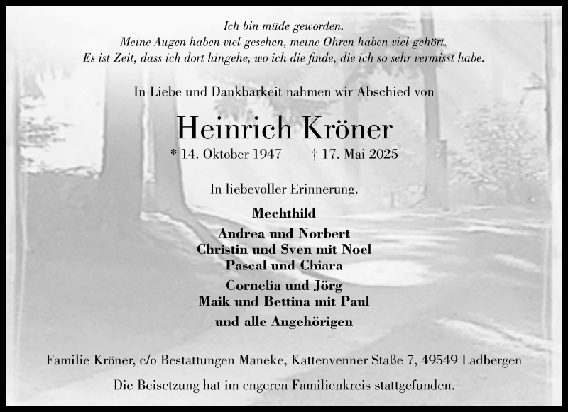  Traueranzeige für Heinrich Kröner vom 04.06.2025 aus 