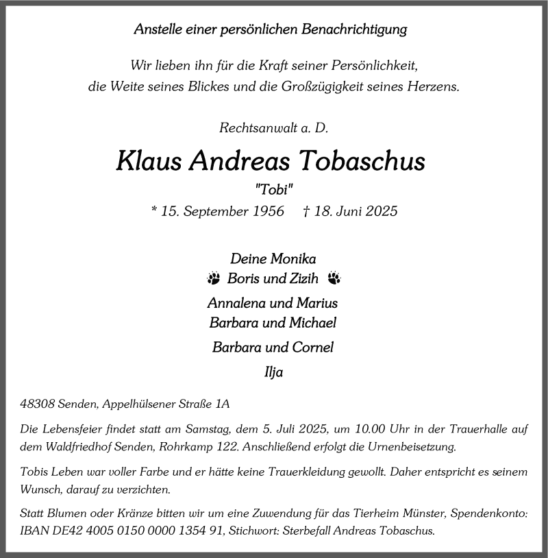  Traueranzeige für Klaus Andreas Tobaschus vom 28.06.2025 aus 