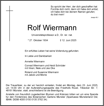Anzeige von Dr. rer. nat. Rolf Wiermann 