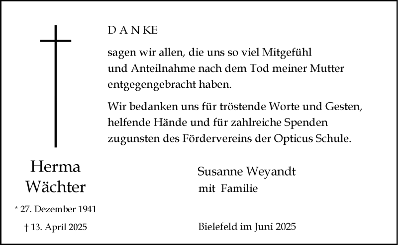 Traueranzeige für Herma Wächter vom 07.06.2025 aus 