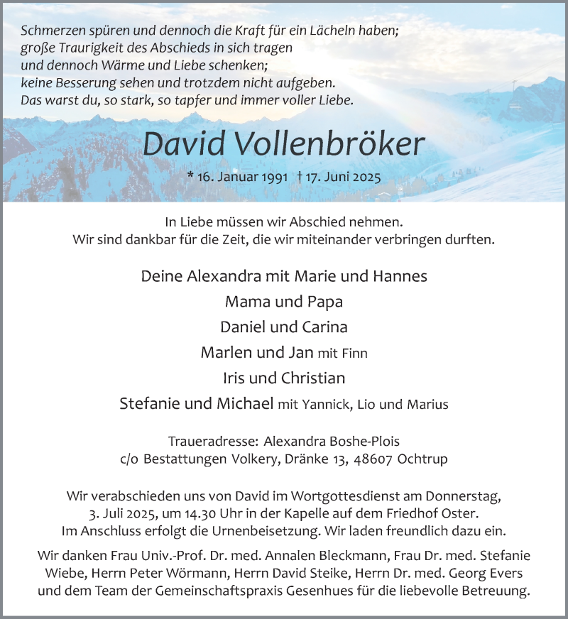  Traueranzeige für David Vollenbröker vom 24.06.2025 aus 